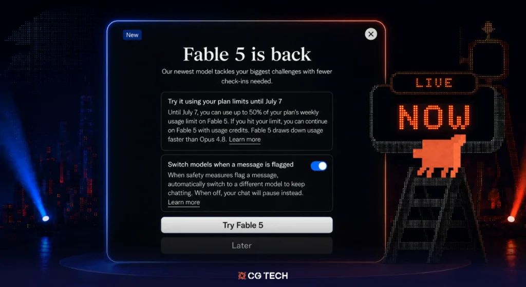 Fable 5 is back notification screen with a Try Fable 5 button, shown beside a lit-up billboard reading Live Now, marking Claude Fable 5's return.
