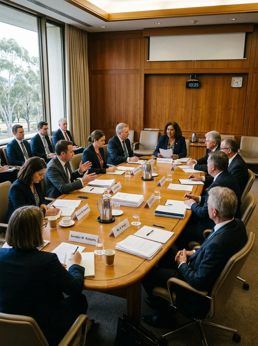 Government executives meeting around a long boardroom table