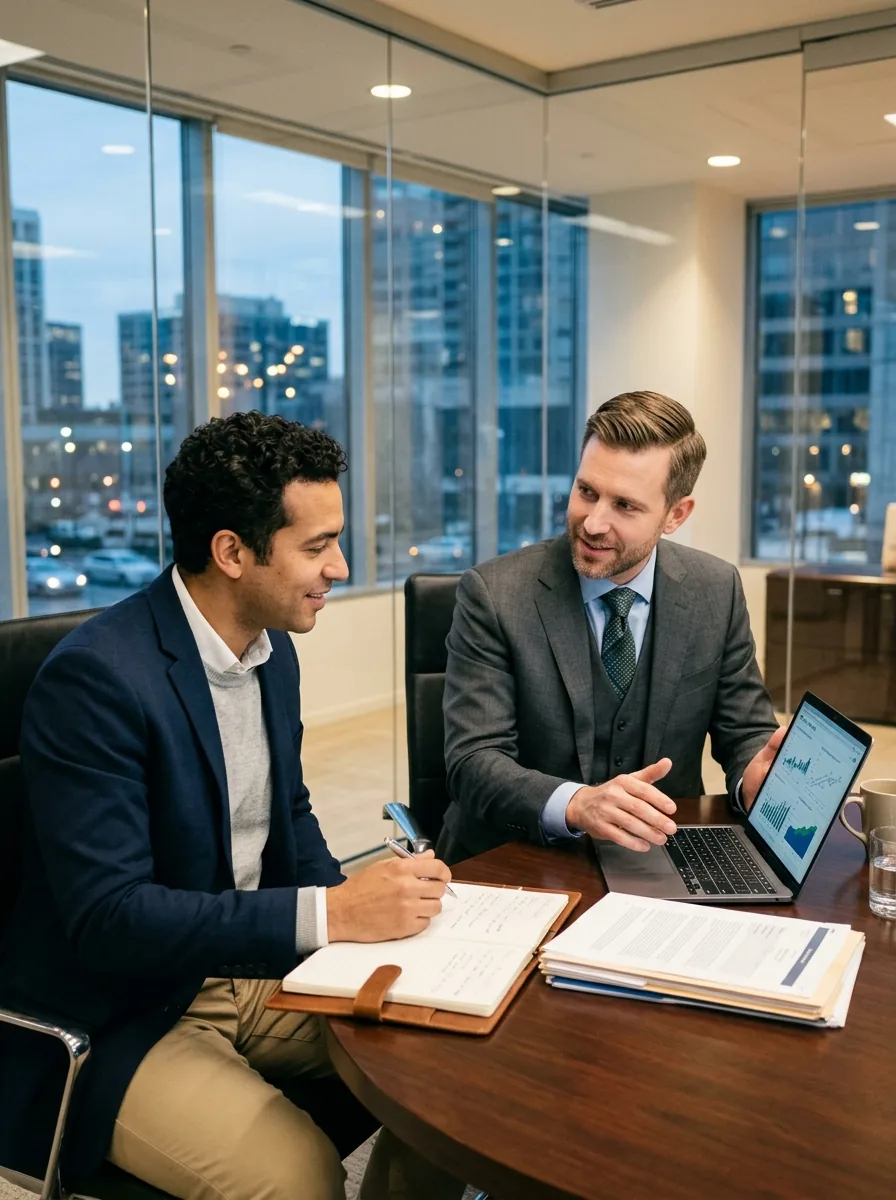 Financial advisers reviewing figures on a laptop in a city office