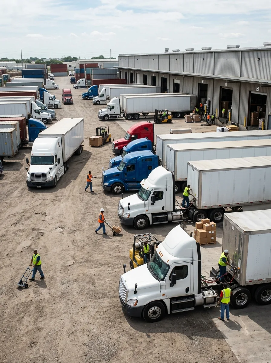Trucks loading at a busy freight depot warehouse
