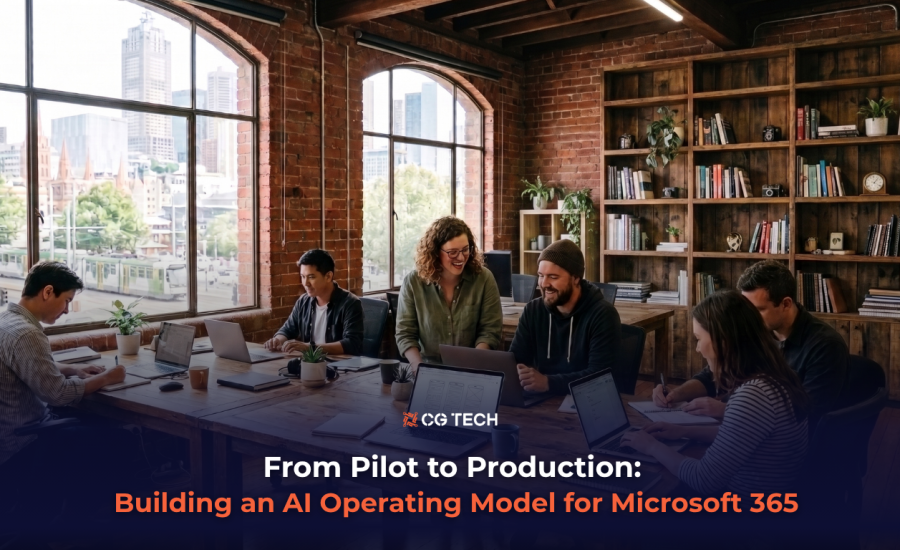 A team of professionals collaborating on laptops around a shared table, representing how businesses build an AI operating model for Microsoft 365.