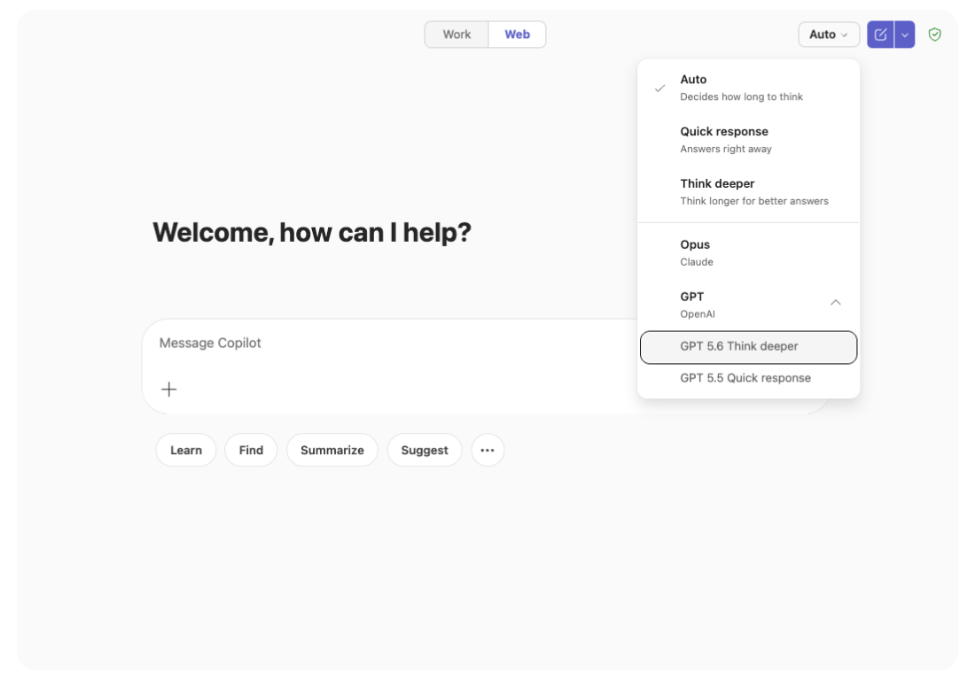 Microsoft Copilot interface with a model selector open, showing options like Auto, Think deeper, Claude Opus and GPT‑5.6, letting users choose how a response is generated.