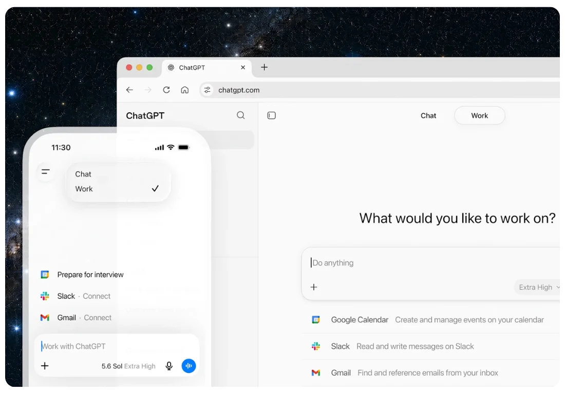 ChatGPT desktop and mobile interface showing the new Work mode, with connected apps like Slack and Gmail for handling tasks directly.
