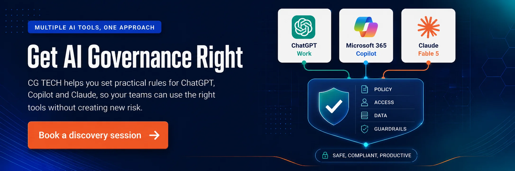 CG TECH banner, Get AI Governance Right, showing ChatGPT, Microsoft 365 Copilot and Claude feeding into policy, access, data and guardrail controls.