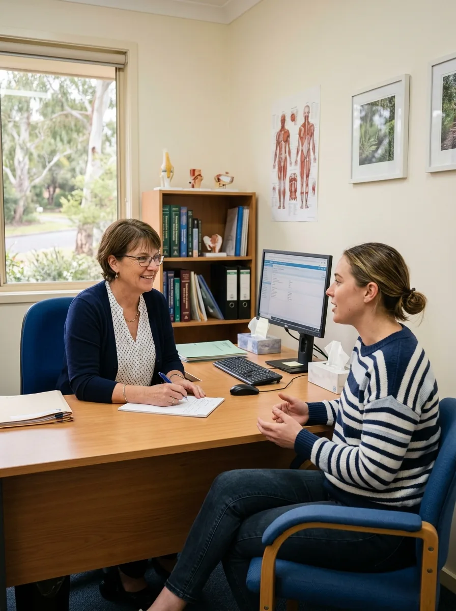 Health professional consulting with a patient in a clinic room