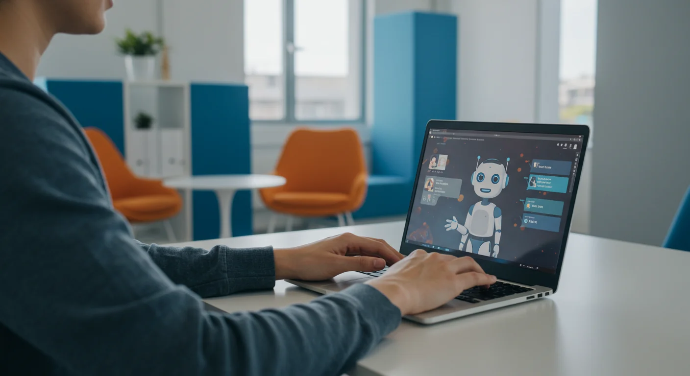 A person typing on a laptop in an office, with a cartoon robot assistant open in a chat window on the screen.