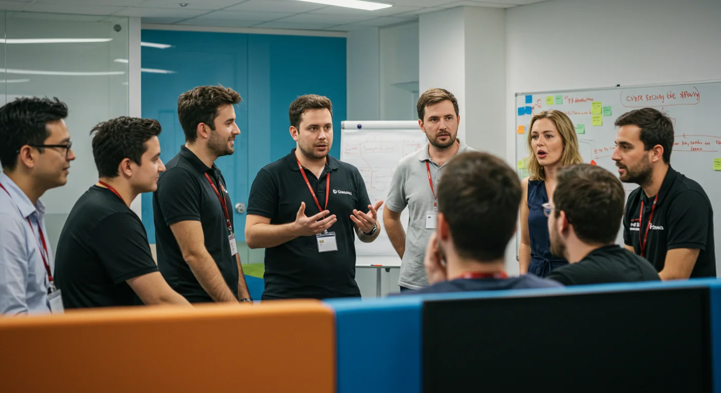 A team standing in a meeting room while a colleague explains a point, with notes and sticky notes on the whiteboard behind them.