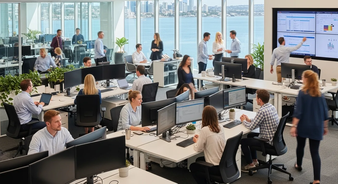 A busy open plan office by the water where staff work at multi-monitor desks while colleagues review data dashboards on wall screens.