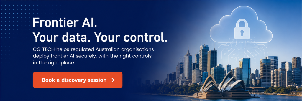 CTA banner with Sydney skyline and cloud security graphic promoting frontier AI for regulated Australian organisations, with the headline “Frontier AI. Your data. Your control.” and a “Book a discovery session” button.