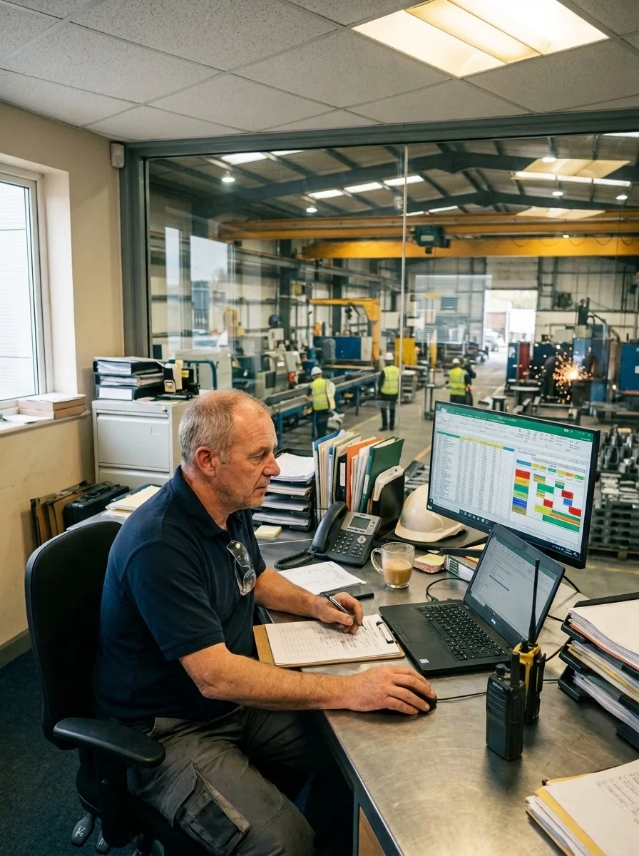 Production worker checking data on a computer on the factory floor