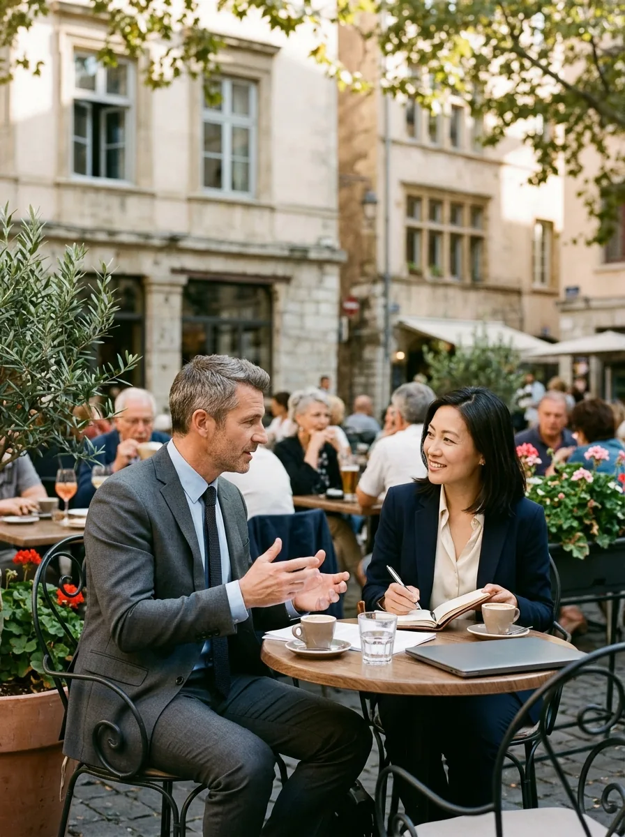 Two consultants meeting over coffee at an outdoor cafe