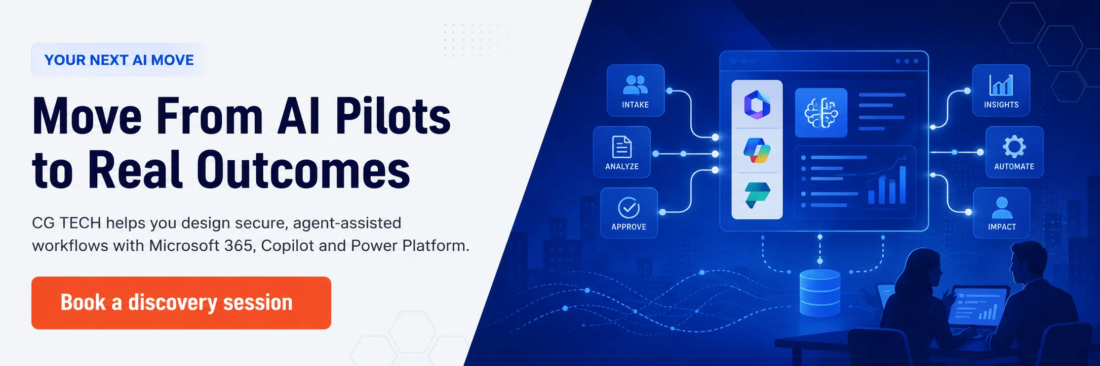 CG TECH footer CTA banner showing agent-assisted AI workflows in Microsoft 365, Copilot and Power Platform to move from AI pilots to real business outcomes.