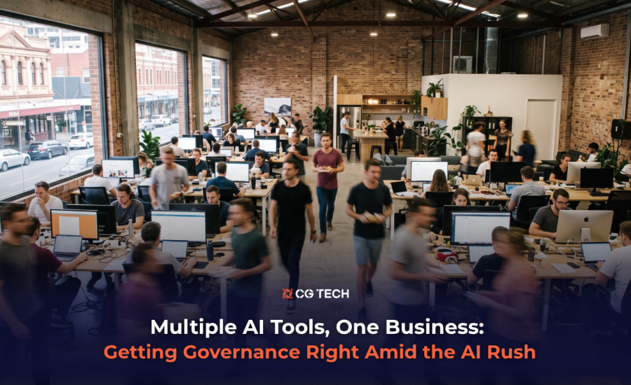 Business team collaborating in an open-plan office, illustrating CG TECH's blog on AI governance across ChatGPT, Copilot and Claude.