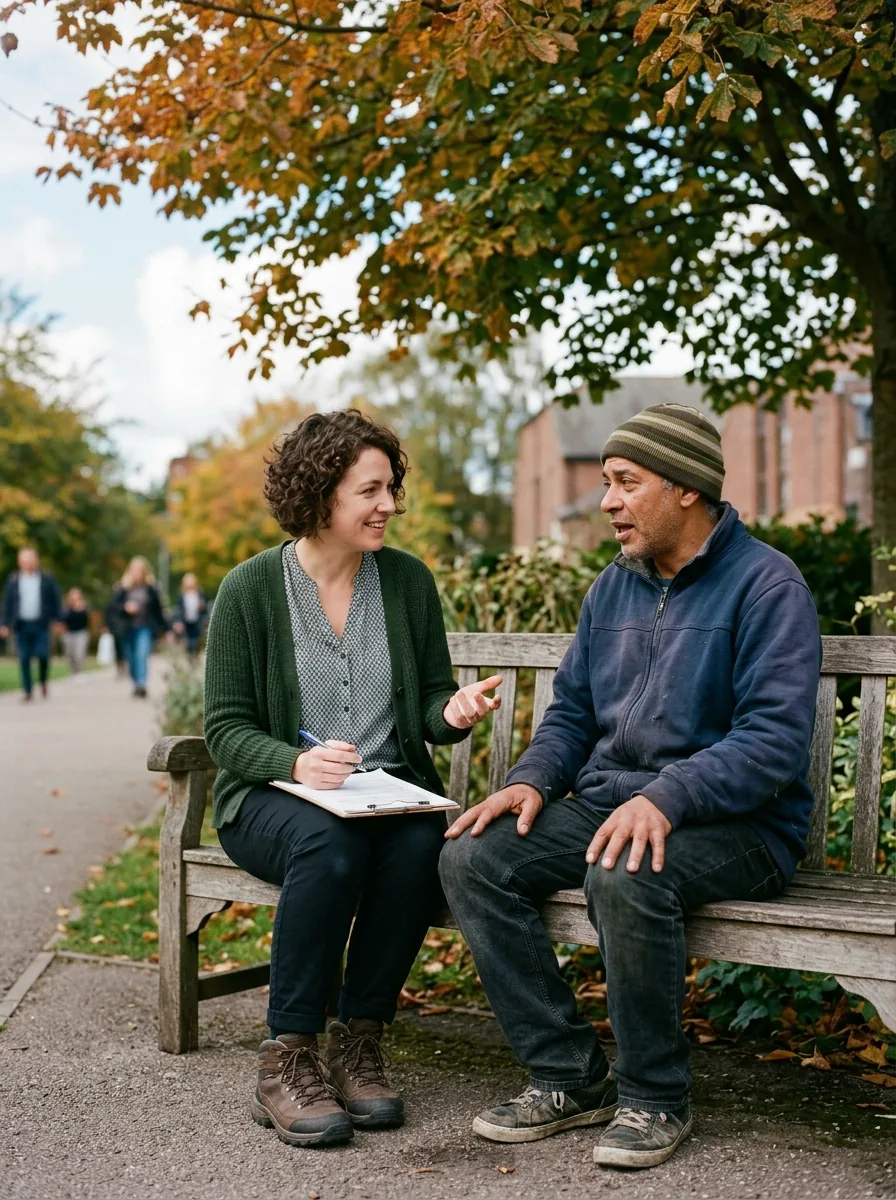 Community support worker talking with a man on a park bench