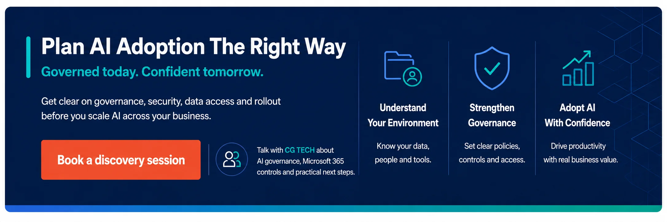 Microsoft 365 AI governance banner featuring AI adoption planning, governance controls, data security and safe AI rollout, with a call to action to book a discovery session with CG TECH.