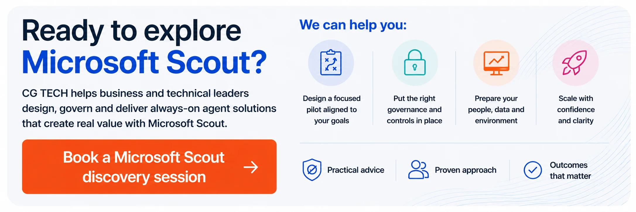 CG TECH banner asking Ready to explore Microsoft Scout, listing help with a focused pilot, governance and controls, people and data readiness, and scaling.