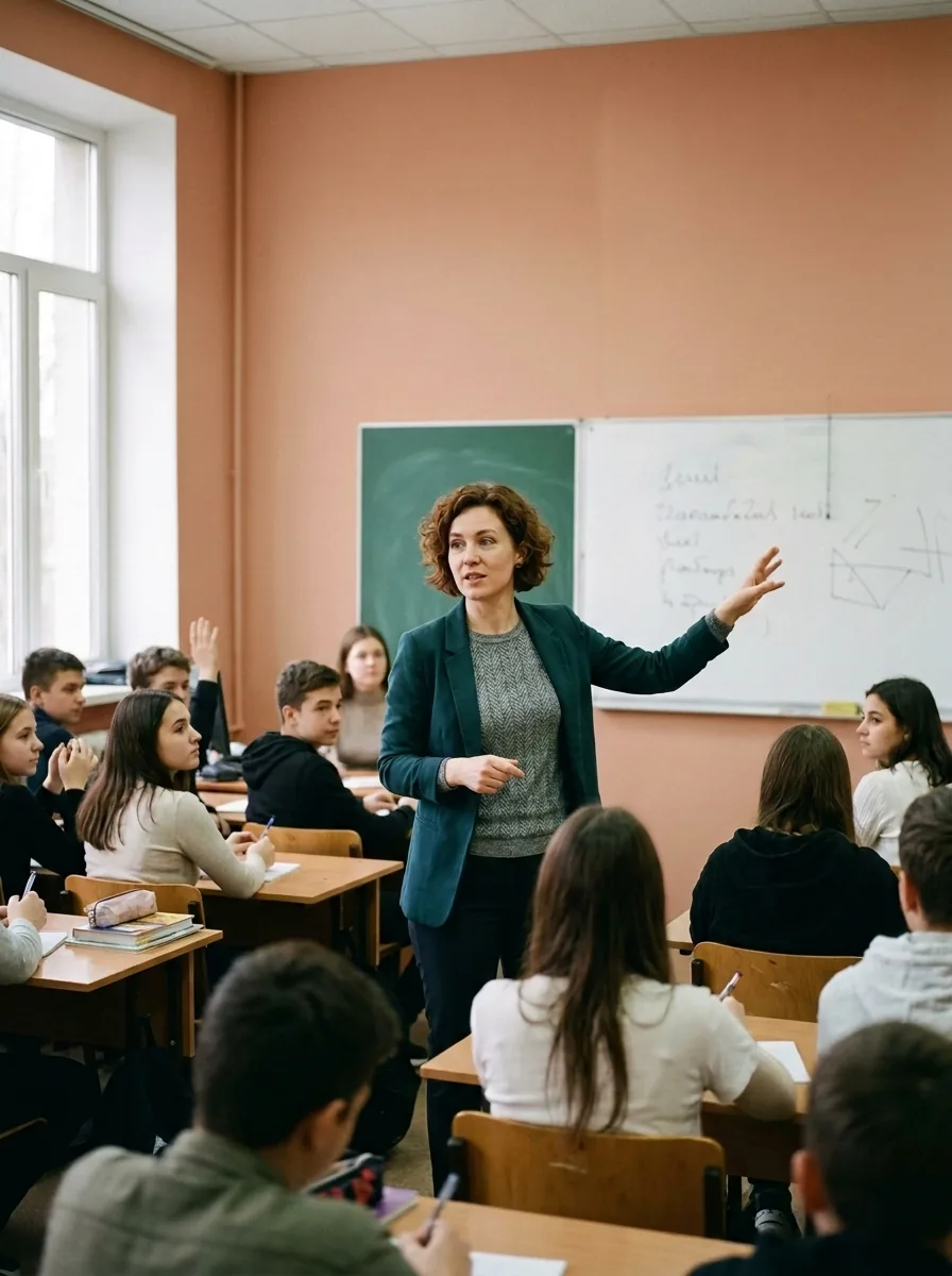 Teacher leading a lesson in front of a classroom whiteboard