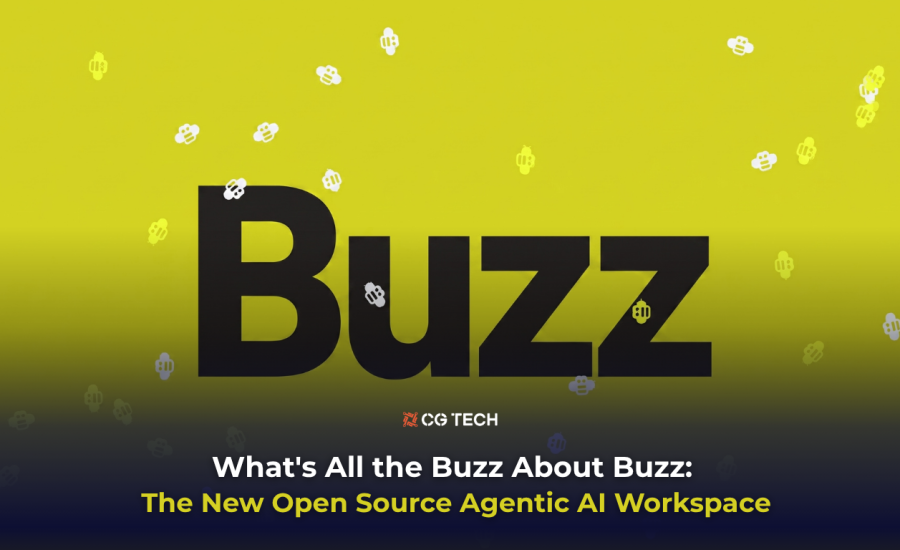 Buzz logo on a yellow background with bee icons, promoting CG TECH's blog on the new open source agentic AI workspace.