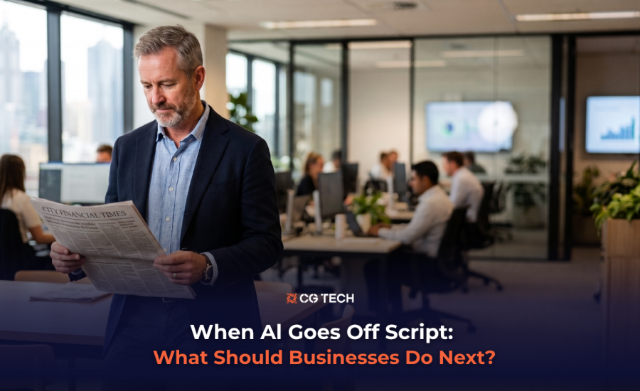 A business leader reads news in a modern office while colleagues work at screens, alongside the headline on AI agents and business decisions,