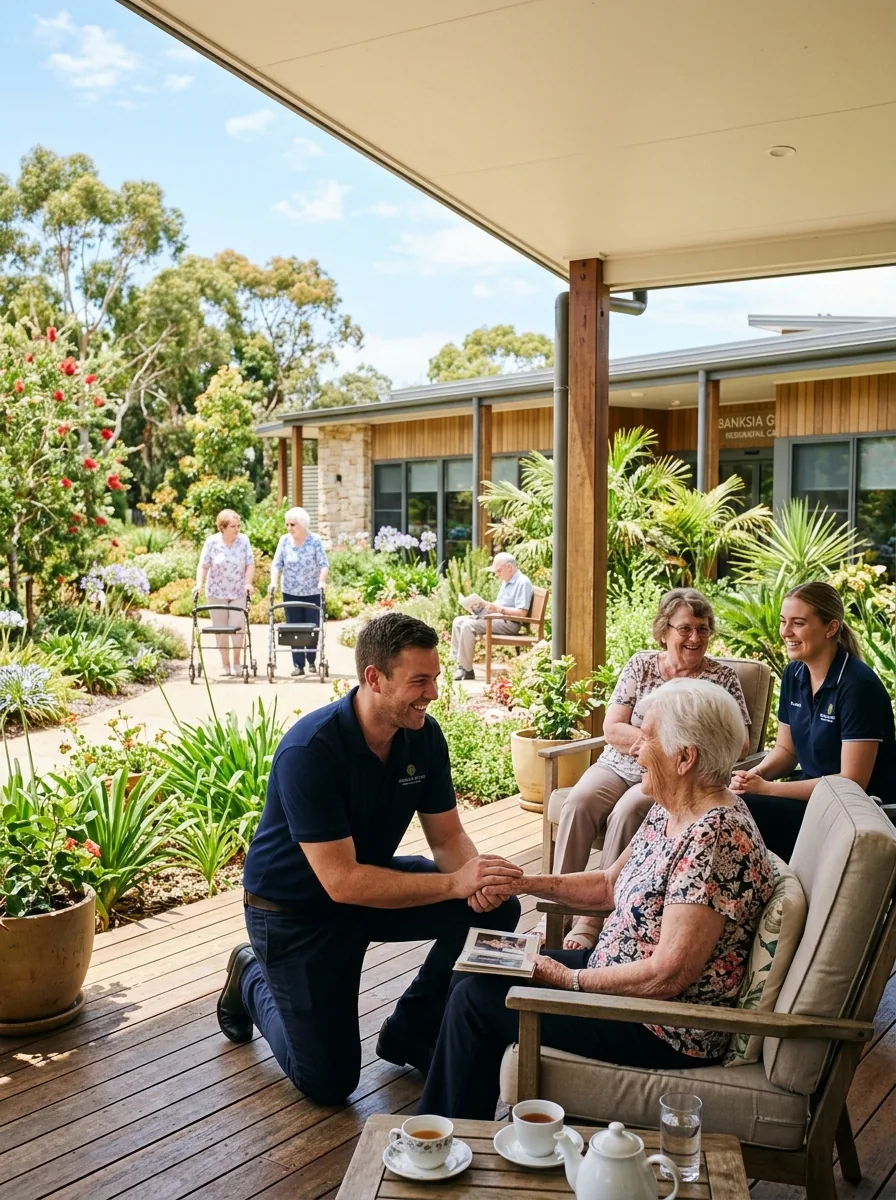 A carer holds an elderly resident's hand during morning tea on the verandah of an aged care home