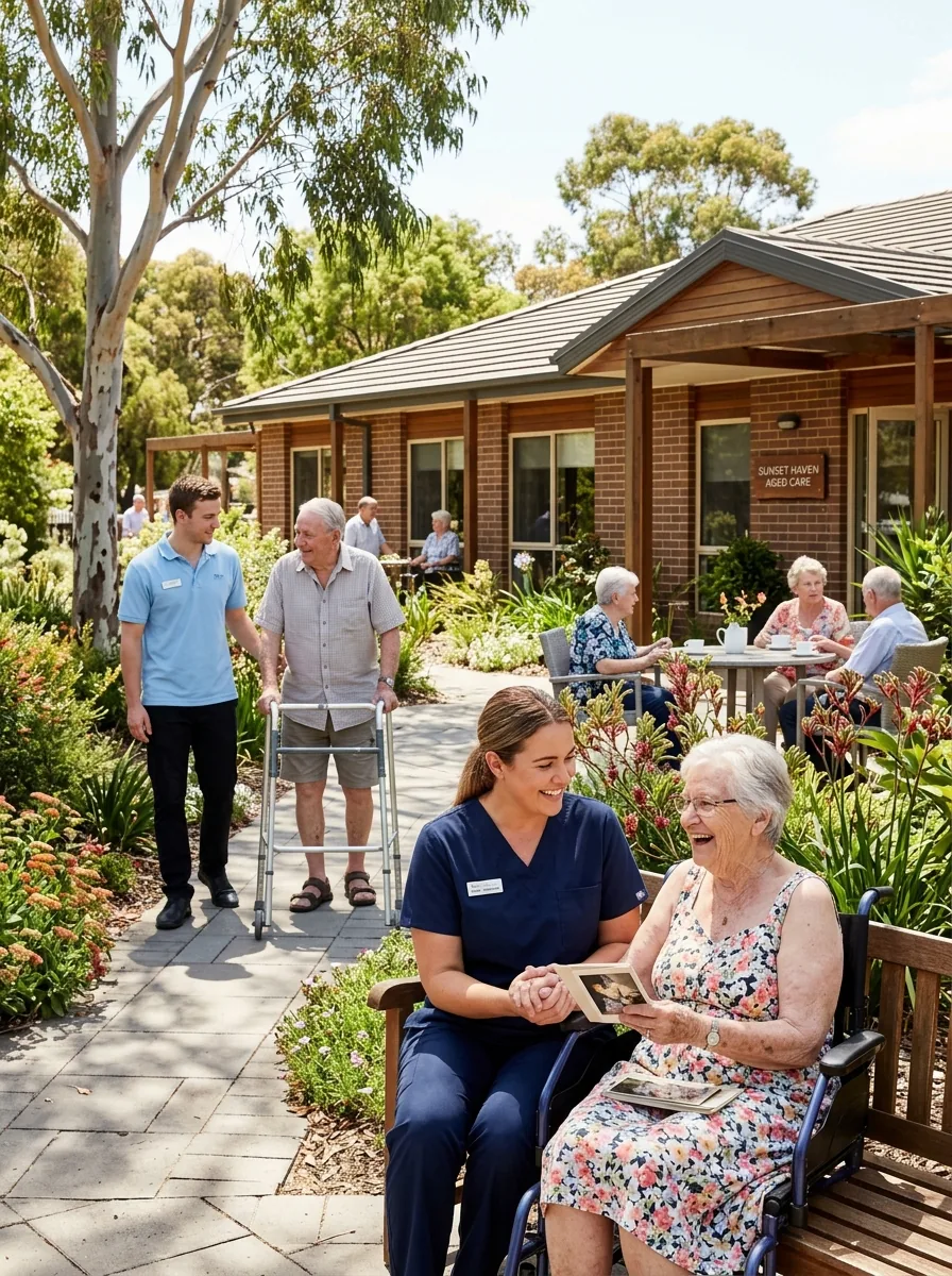 A nurse looks through photographs with an elderly resident in the garden of an aged care home
