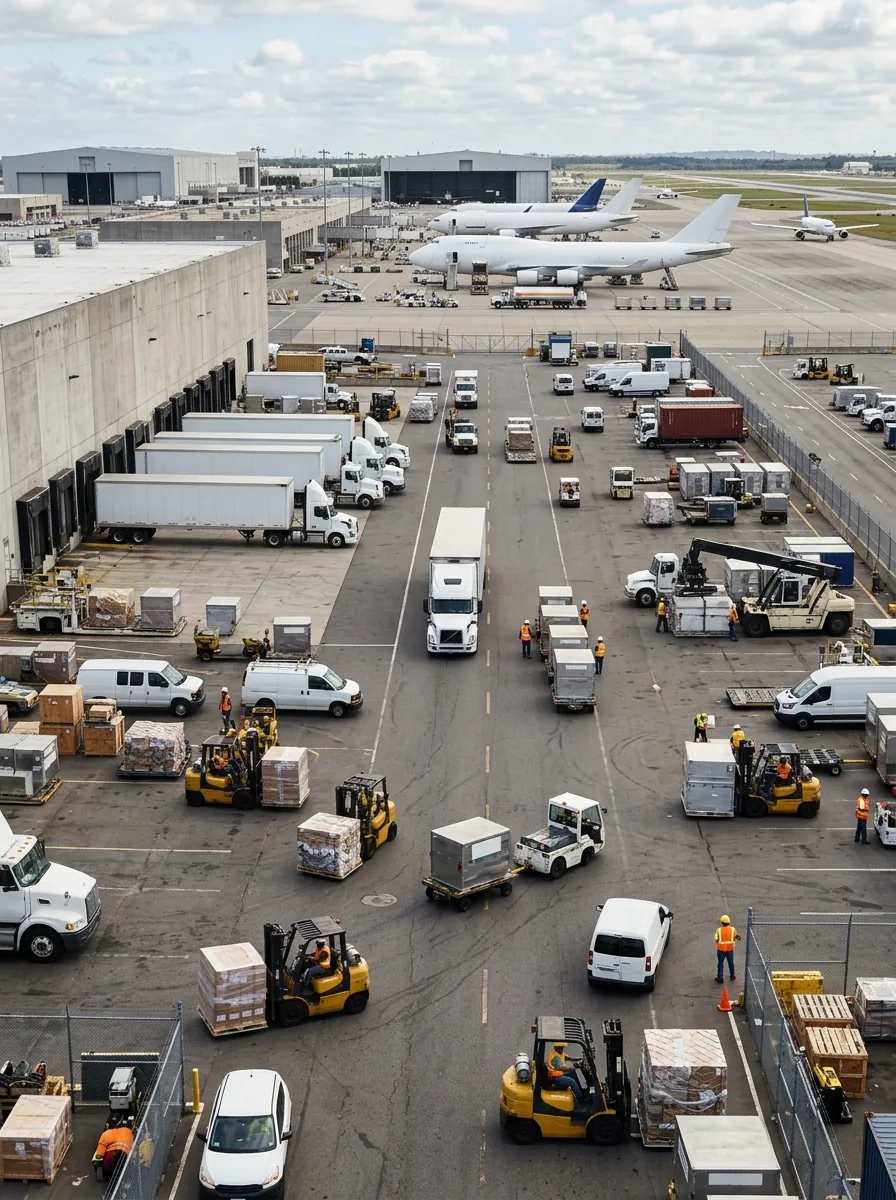 Freight handlers and forklifts moving cargo on an airport apron beside freighter aircraft