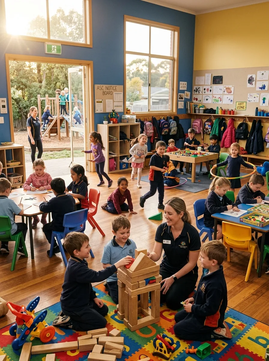 An educator builds wooden blocks with children inside a busy after school care room