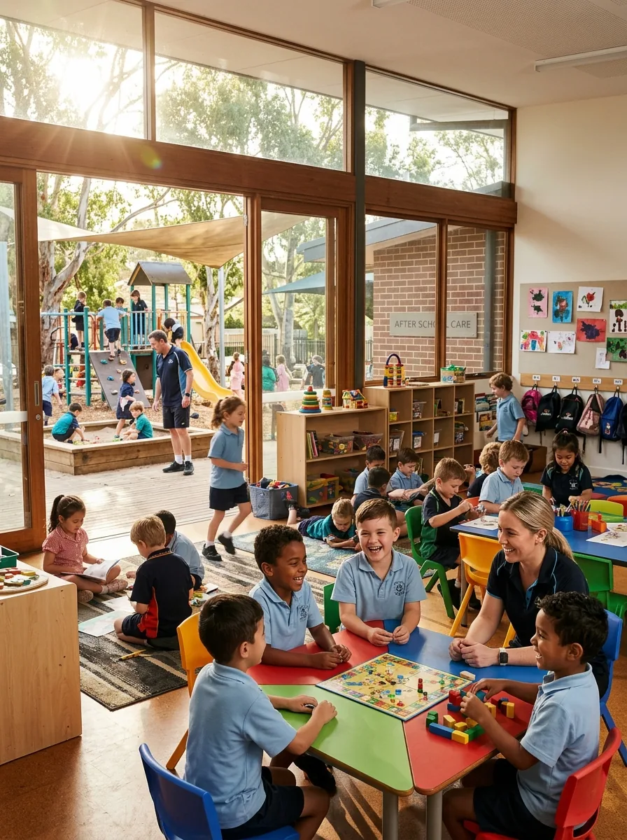 Children play board games with an educator at an after school care service