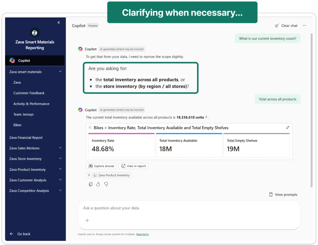 When more than one relevant item is found, app Copilot will ask a brief clarifying question before choosing the best item to answer from.