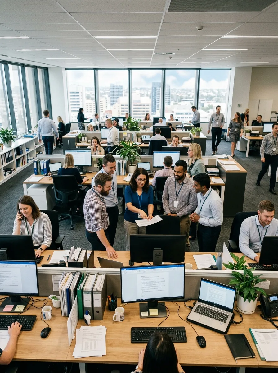 A government team gathers around a desk to review a document in a city office