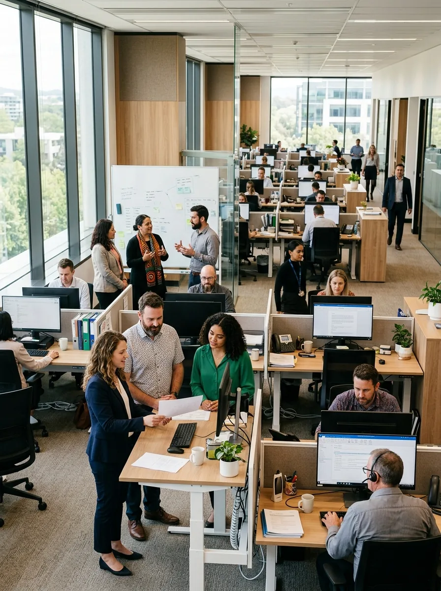 Public servants in a workshop discussion beside a whiteboard in a government office