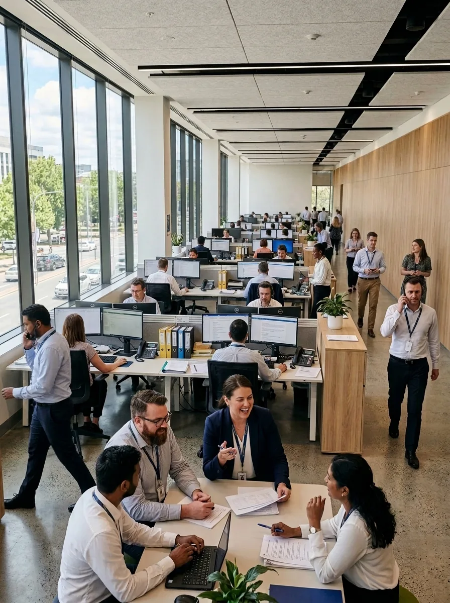 A government team laughs together during a meeting in a busy open-plan office