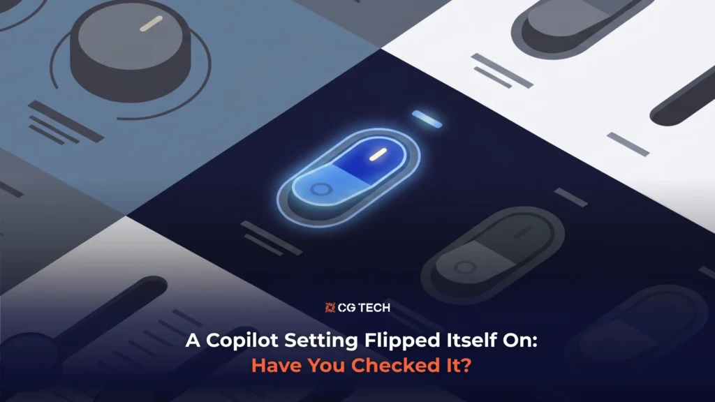 A glowing toggle switch turned on among a grid of dimmed switches and dials, symbolising a Copilot setting activated by default.