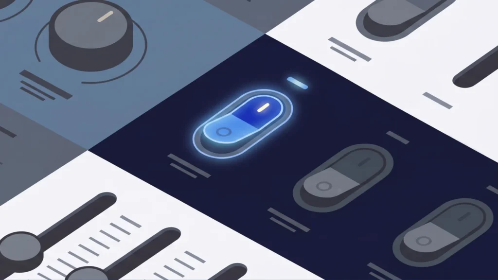 A glowing toggle switch turned on among a grid of dimmed switches and dials, symbolising a Copilot setting activated by default.