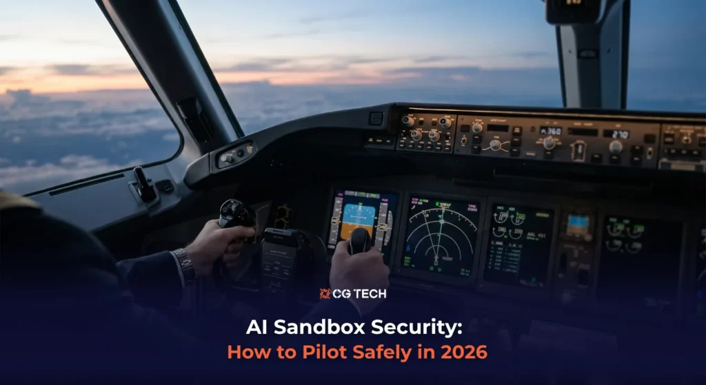 An aircraft cockpit at dusk, representing the careful control businesses need when piloting new AI agents.