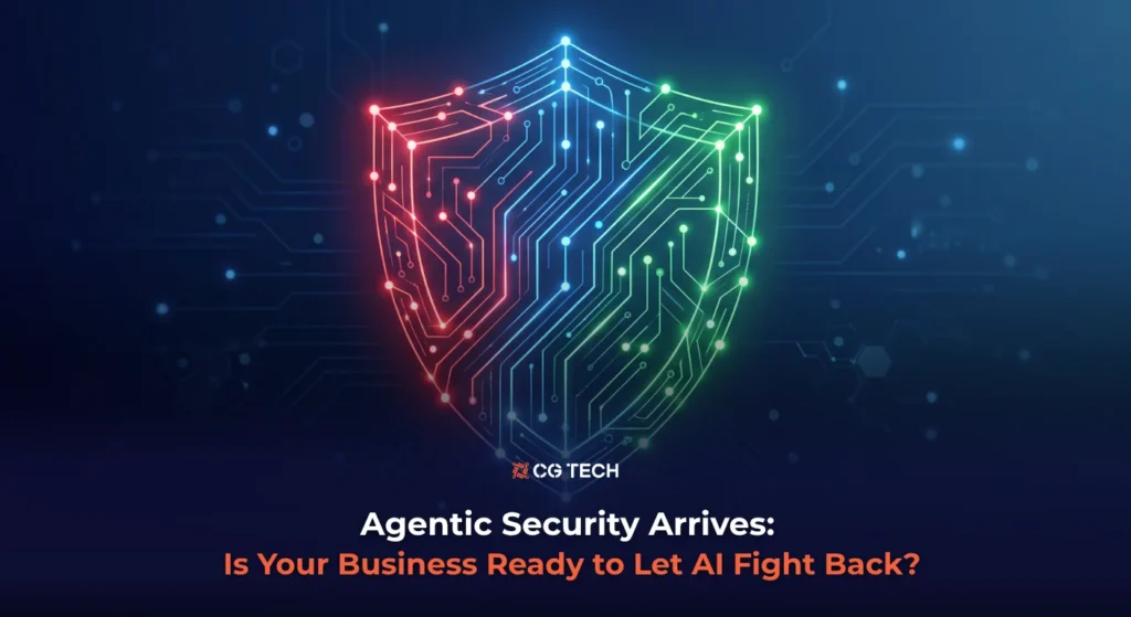 A digital shield formed from red, blue and green circuit lines, representing coordinated AI security agents defending a business, next to the CG TECH logo and the blog title Agentic Security Arrives.