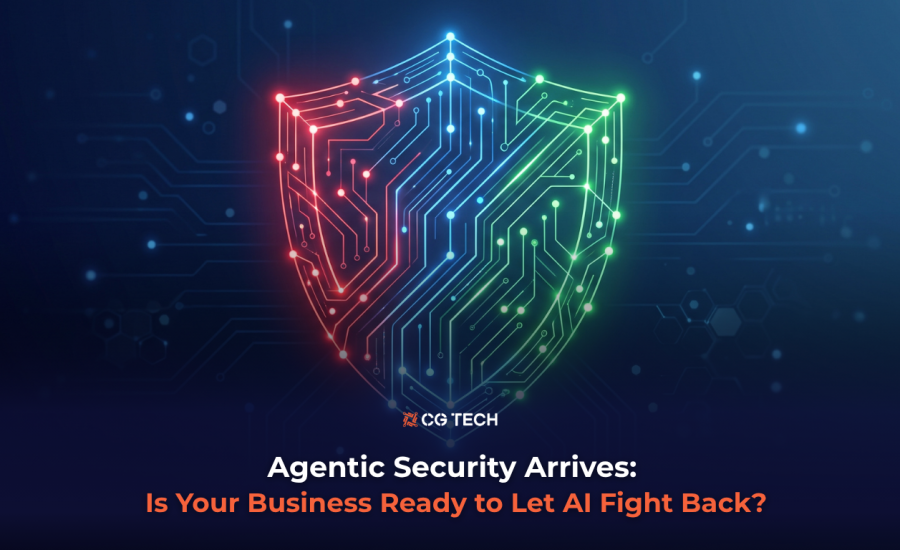 A digital shield formed from red, blue and green circuit lines, representing coordinated AI security agents defending a business, next to the CG TECH logo and the blog title Agentic Security Arrives.