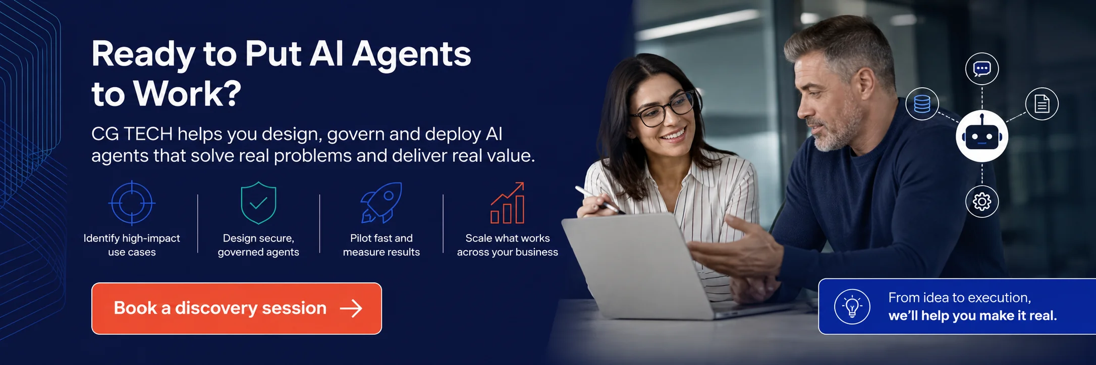 CG TECH AI agent implementation banner showing business leaders planning secure, governed AI agents, with a call to book a discovery session.