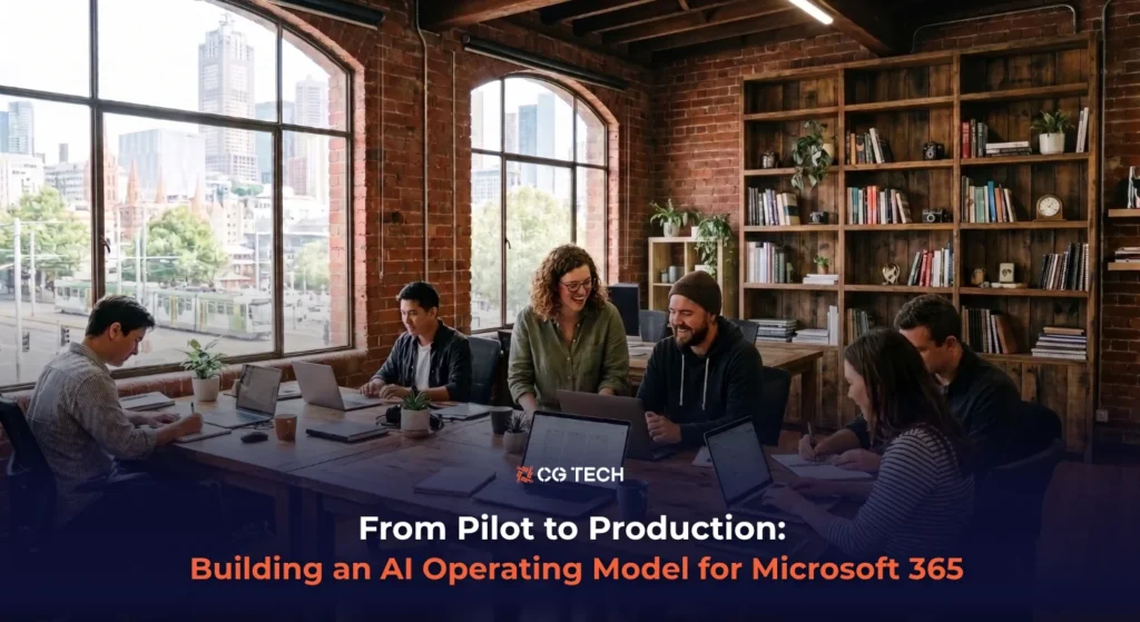A team of professionals collaborating on laptops around a shared table, representing how businesses build an AI operating model for Microsoft 365.