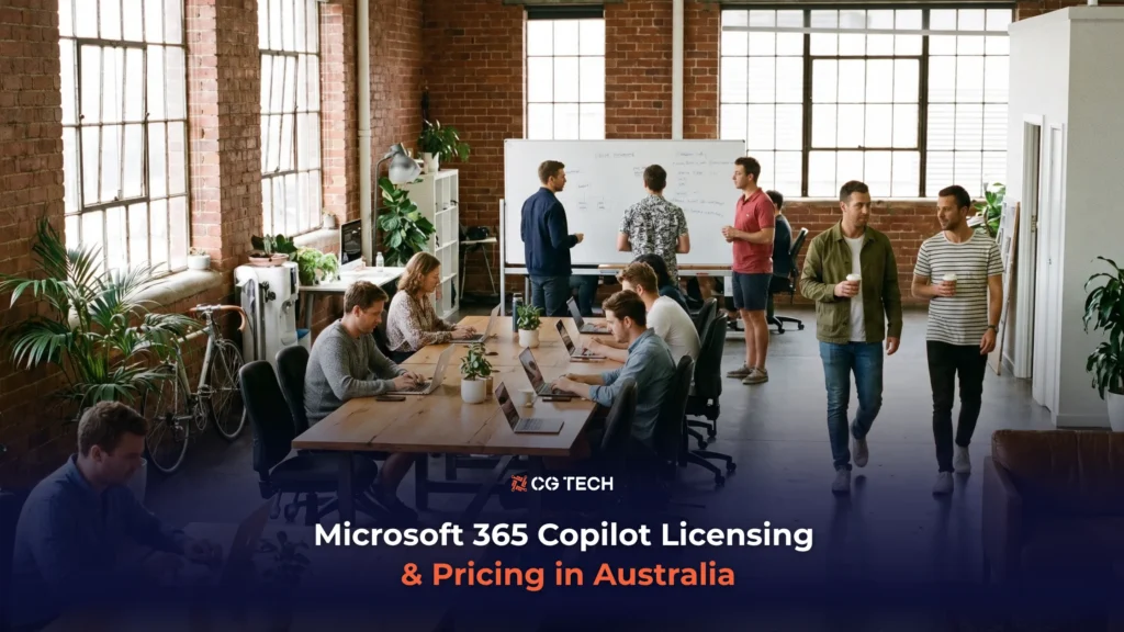 Colleagues working together in a bright, brick-walled office space, promoting a guide to Microsoft 365 Copilot licensing and pricing for Australian businesses.