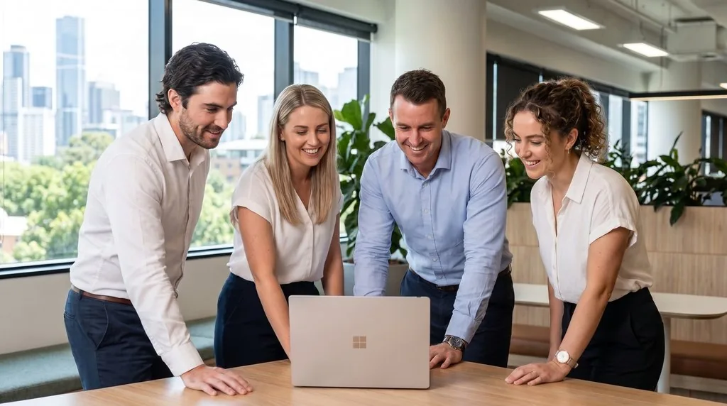 Four business professionals gather around a laptop in a modern office, reviewing AI options together with a city skyline in the background.