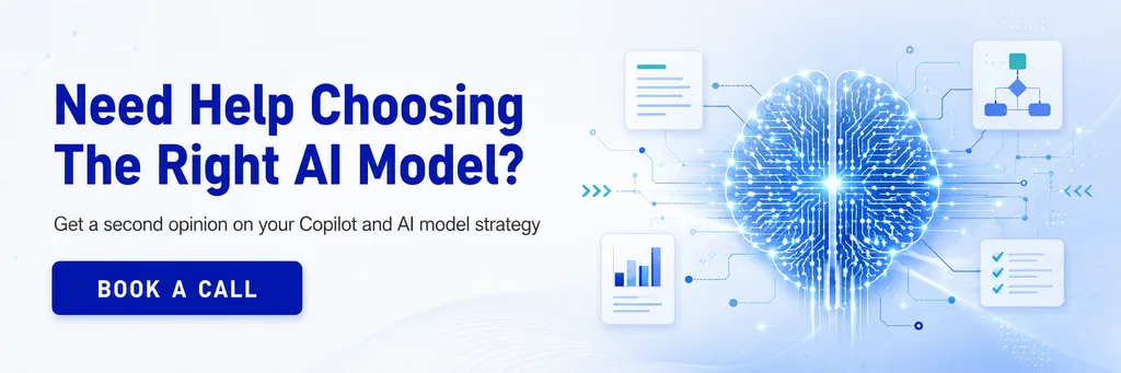AI brain graphic representing Microsoft’s MAI-Thinking-1, with a CTA inviting businesses to get help choosing the right AI model and Copilot strategy.