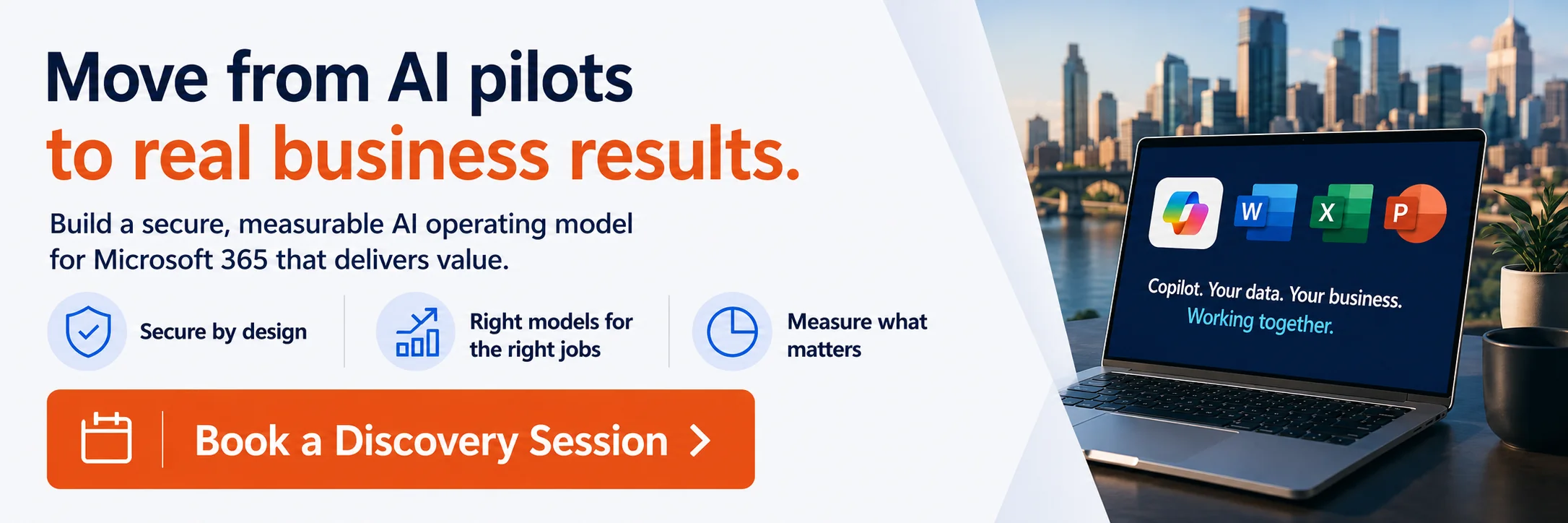 CTA banner inviting businesses to book a discovery session for a secure Microsoft 365 Copilot operating model, with a laptop showing Copilot alongside Word, Excel and PowerPoint.