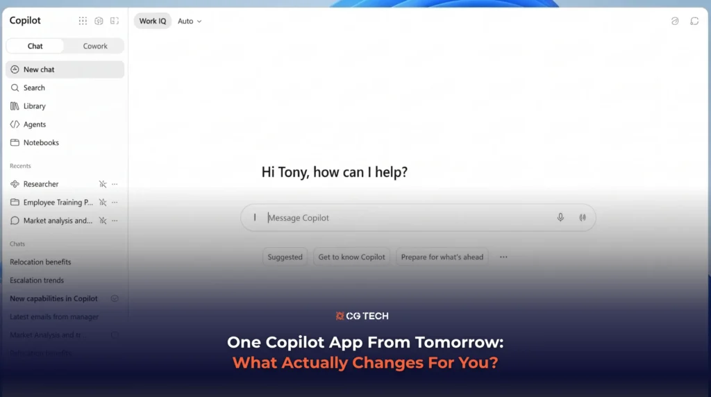 Microsoft Copilot chat interface with CG TECH banner reading "One Copilot App From Tomorrow: What Actually Changes For You?"