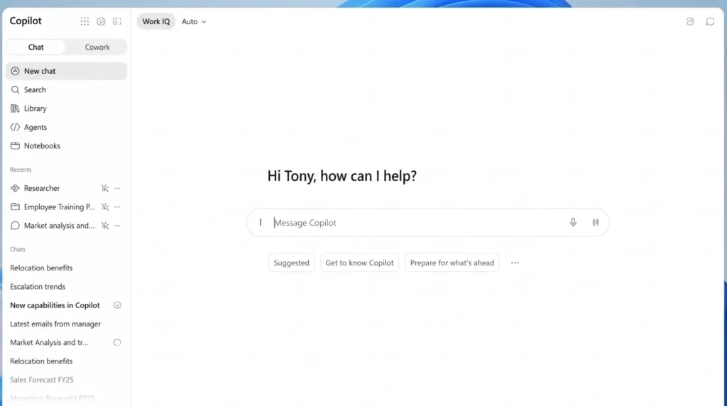 Microsoft Copilot chat interface showing the new Work IQ toggle, chat history sidebar, and a "Hi Tony, how can I help?" welcome screen.