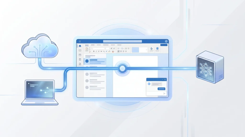 A cloud and a local AI server both connect into a Microsoft 365 style workspace, showing hosted and open-weight AI feeding the same tools.