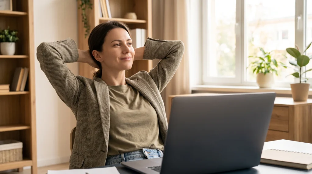 A business person relaxing back from their laptop, representing time saved through AI automation.