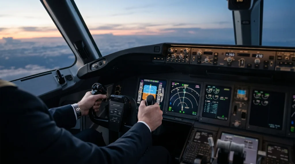 An aircraft cockpit at dusk, representing the careful control businesses need when piloting new AI agents.