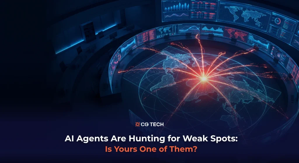 A digital command centre map showing an AI-driven scan radiating out across global systems, representing AI agents probing for weak spots in business networks.