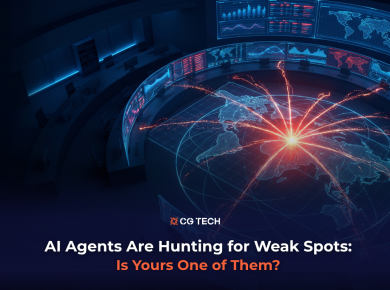 A digital command centre map showing an AI-driven scan radiating out across global systems, representing AI agents probing for weak spots in business networks.